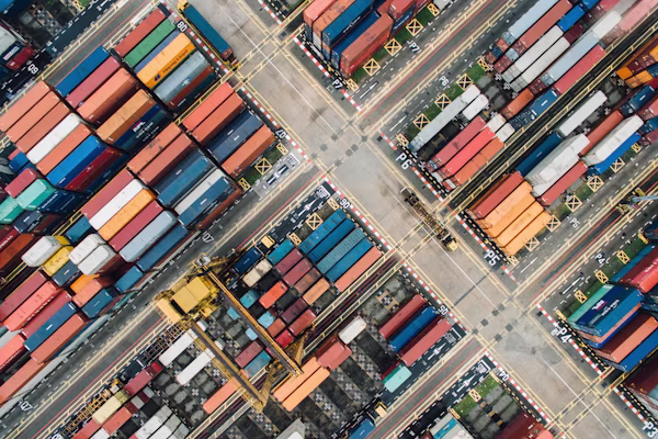 Aerial view of a national container yard and freight network