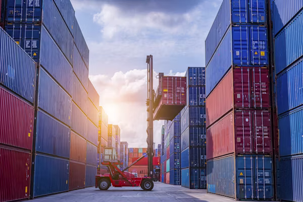 Reach stacker lifting a shipping container at sunset