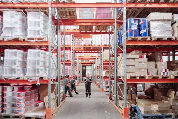 Workers walking a racked warehouse storage aisle